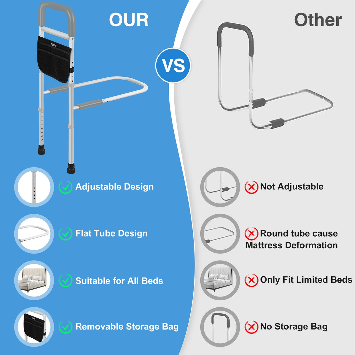 Panta Bed Rails for Elderly Adults Safety, Adjustable Bed Assist Rails for Seniors, Bed Side Rails with Support Legs and Storage Pocket, Portable Bed Cane Fit King, Queen, Full, Twin Bed, Grey