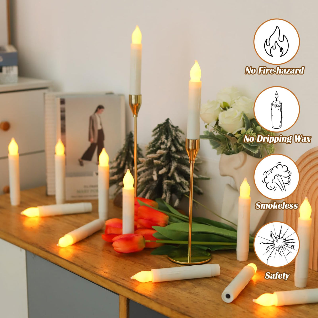 Lezonic Flameless Battery Operated Candlesticks Flickering, 24Pcs White LED Battery Christmas Window Candles, 6 Inch Short Taper Candles Hanging Halloween Floating by Touch, No Remote