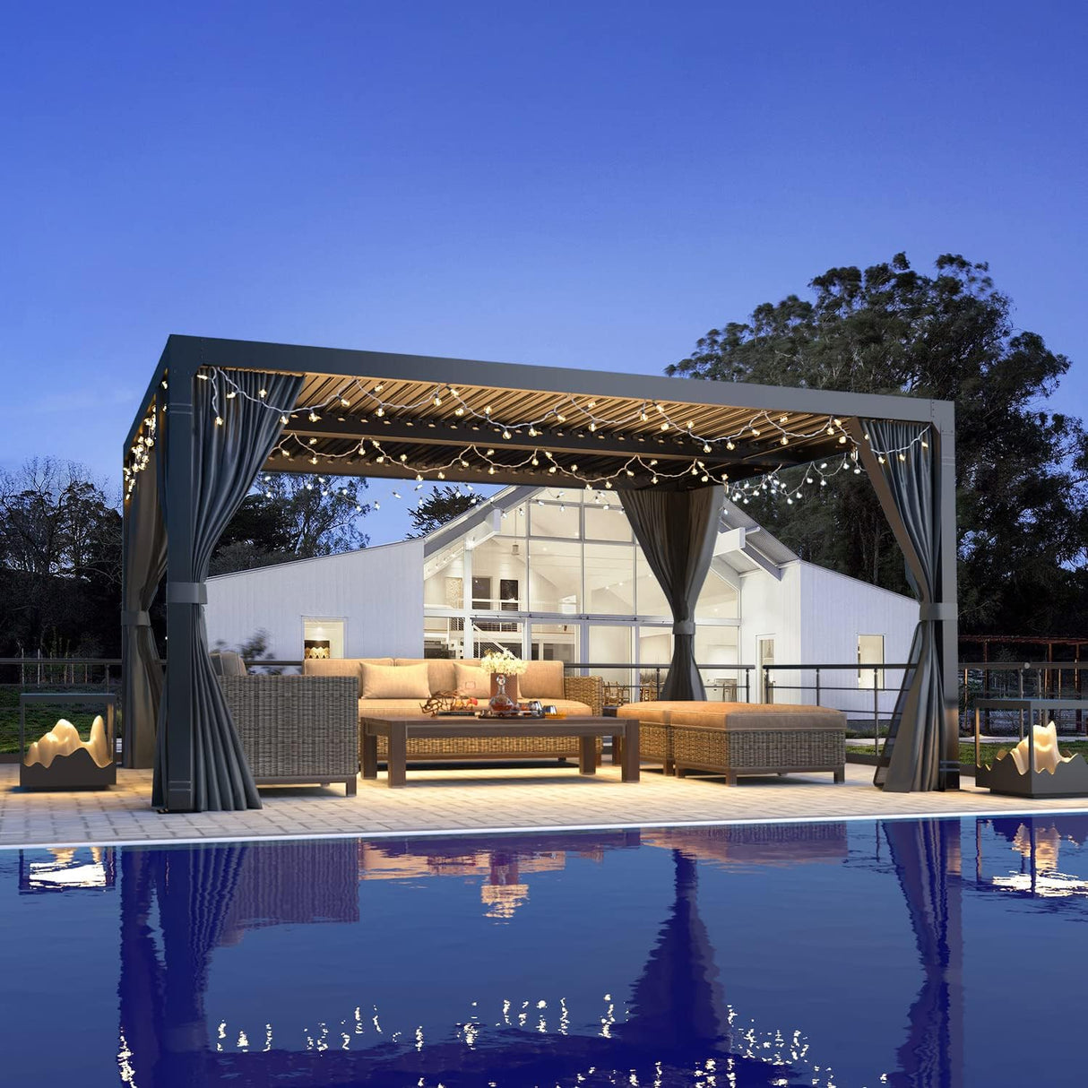 MELLCOM 10x12 Louvered Pergola Adjustable Roof w/Curtains & Mesh