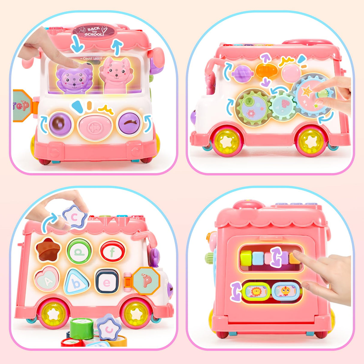 AmiDear Baby Gift for 1-2 Year Old Girl, 10-in-1 Montessori Toys Bus for Baby 6-12-18 Months+, Educational Musical Sensory Learning Toddler Toys Age 1-2, First Christmas and Birthday Gifts Pink