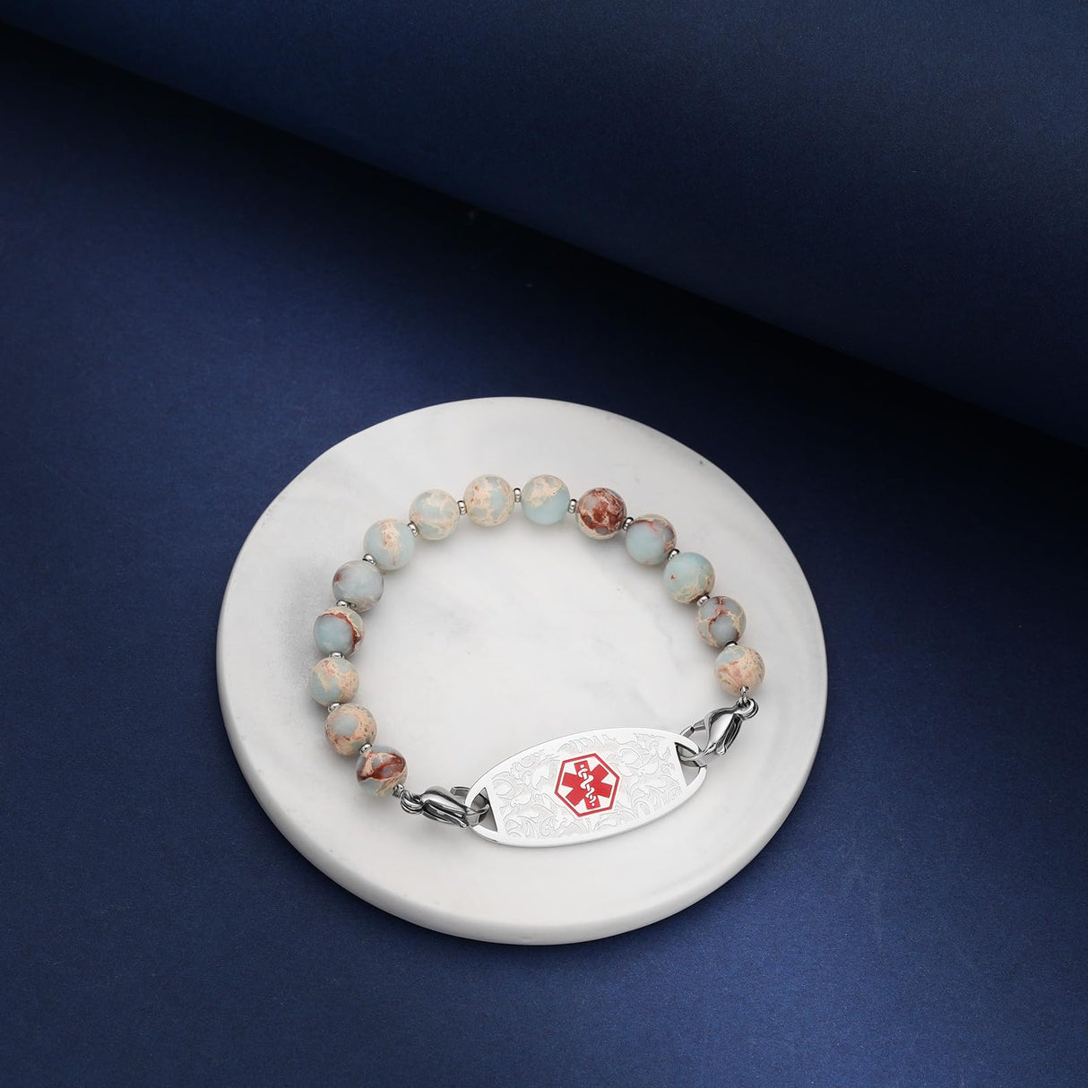 JFJEWER Medical Alert Bracelets for Women Men, Personalized ID Bracelets Free Engraving, Colorful Natural Stone Beaded Medical Bracelets