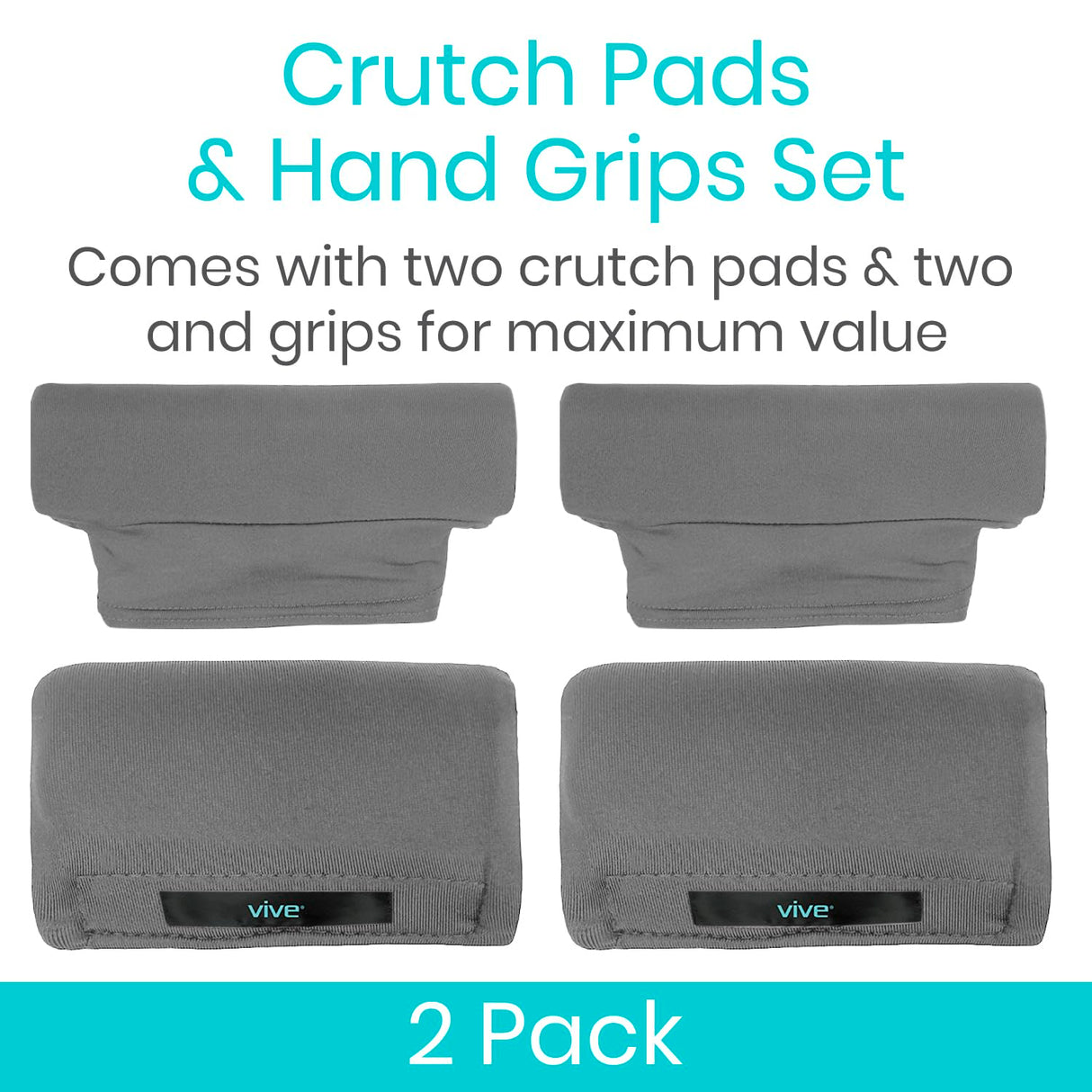 Vive Crutch Pads & Hand Grips - Padding for Walking Arm Crutches - Universal Underarm Padded Forearm Handle Pillow Covers for Hand Grips - Soft Foam Armpit Accessories for Adults, Kids (Gray)