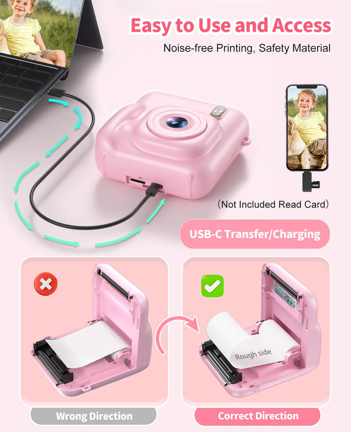 Digital Camera for Kids Instant Print, 48MP Dual-Lens Kids Camera for Girls Boys Christmas Birthday Gifts, 1080P Video Selfie Instant Cameras, Portable Toddler for 4-12 Years with 32GB Card-Pink