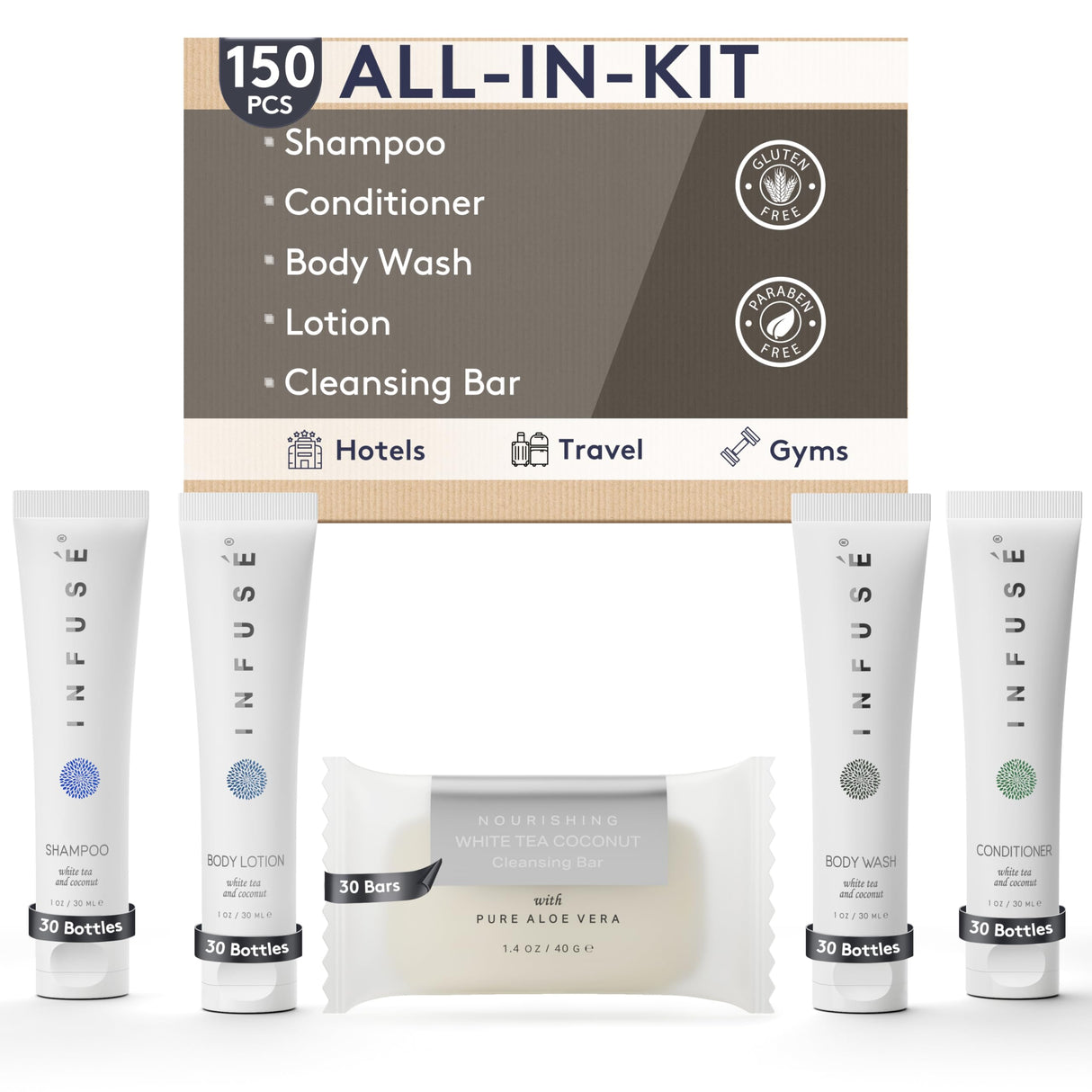 Infuse Pure White Tea and Coconut Hotel Soaps and Toiletries Bulk Set | 1-Shoppe All-In-Kit for Airbnb | 1oz Shampoo & Conditioner, Body Wash, Lotion & 1.25oz Bar Soap | Travel Size 150 Pieces