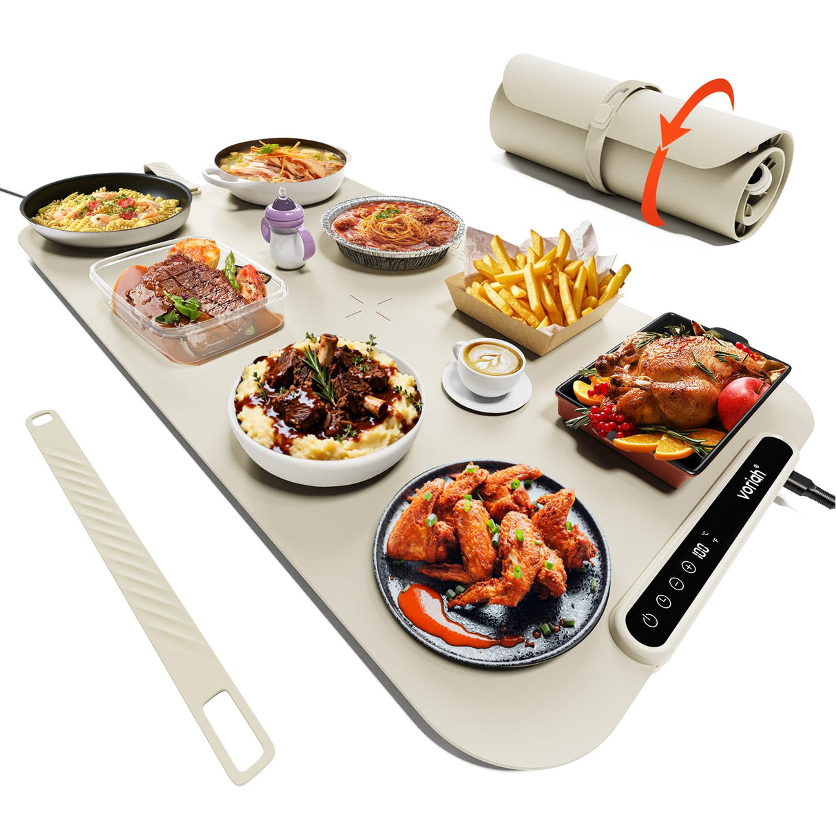 Voriah Warming Mat for Food,27.5x15.7" Large Electric Buffet Warming Tray, 7 Temp Levels, 99H Continuous Heat, ℉/℃ Switch, Patented Fast-Heat Design for Parties, Family Meals, Daily Use Apricot
