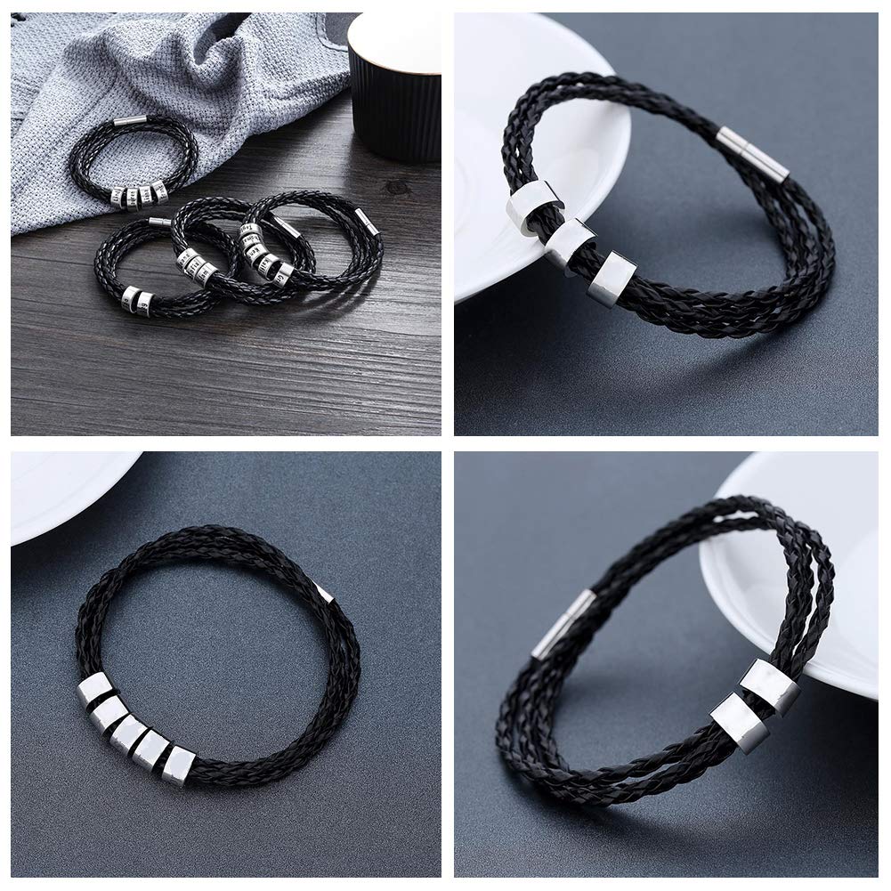 Novgarden Custom Mens Bracelets with 1-8 Engraved Beads, Dad Gifts for Fathers Day, Leather Braid Bracelet with Kids Names Personalized Men's ID Bracelet Gifts for Grandpa Husband Boyfriend