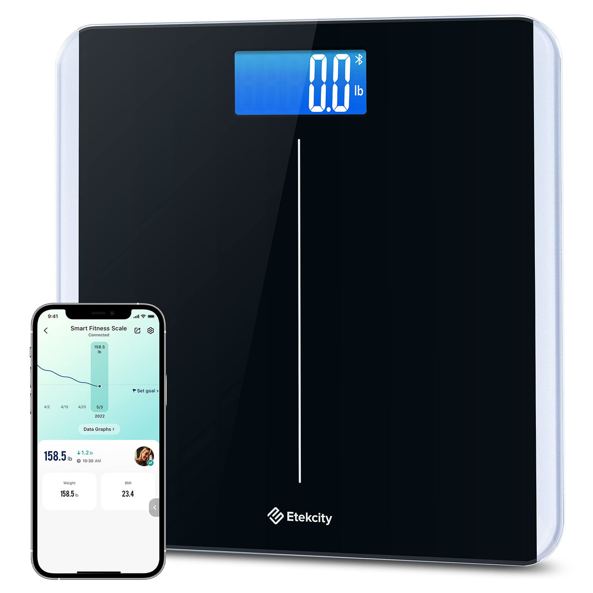 Etekcity Smart Scale for Body Weight and BMI, Bathroom Digital Electronic Weighing Scale for People, Bluetooth Free VeSync APP Connection, Rounded Corner, Accurate to 0.1lb/0.05kg, 400 lbs, Black