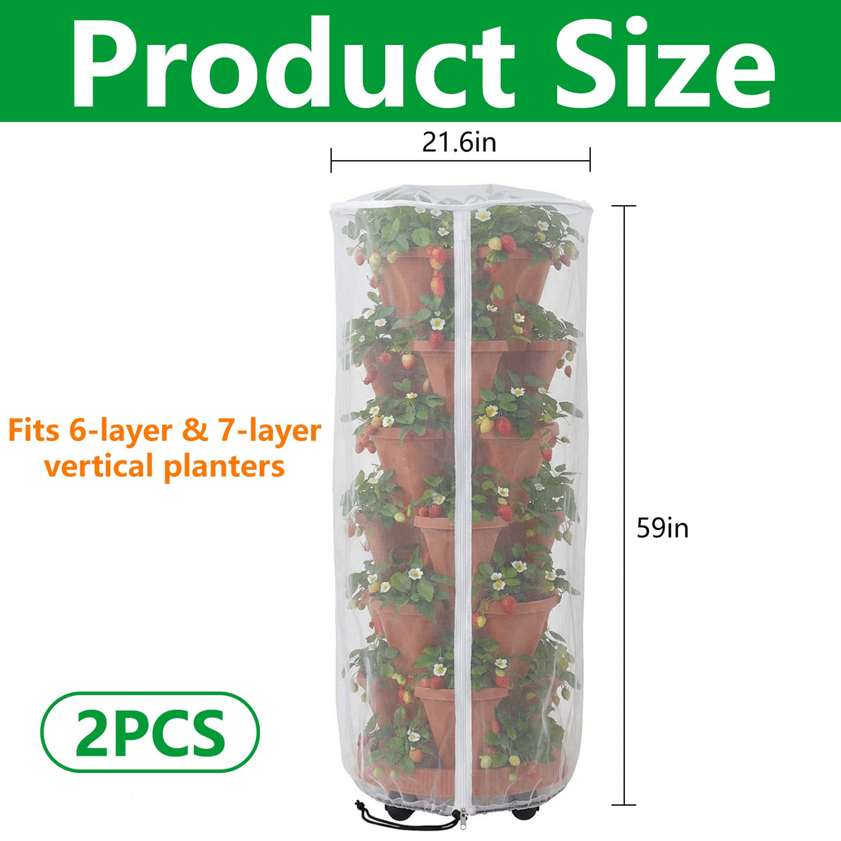 2 Pcs Vertical Plant Pot Insect Netting with Zipper, 59"x22" Stackable Planter Garden Net Cover, 6 to 7 Tier Planter Pot Insect Bird Barrier Protection Mesh for Strawberry Herb Flower Fruit Vegetable
