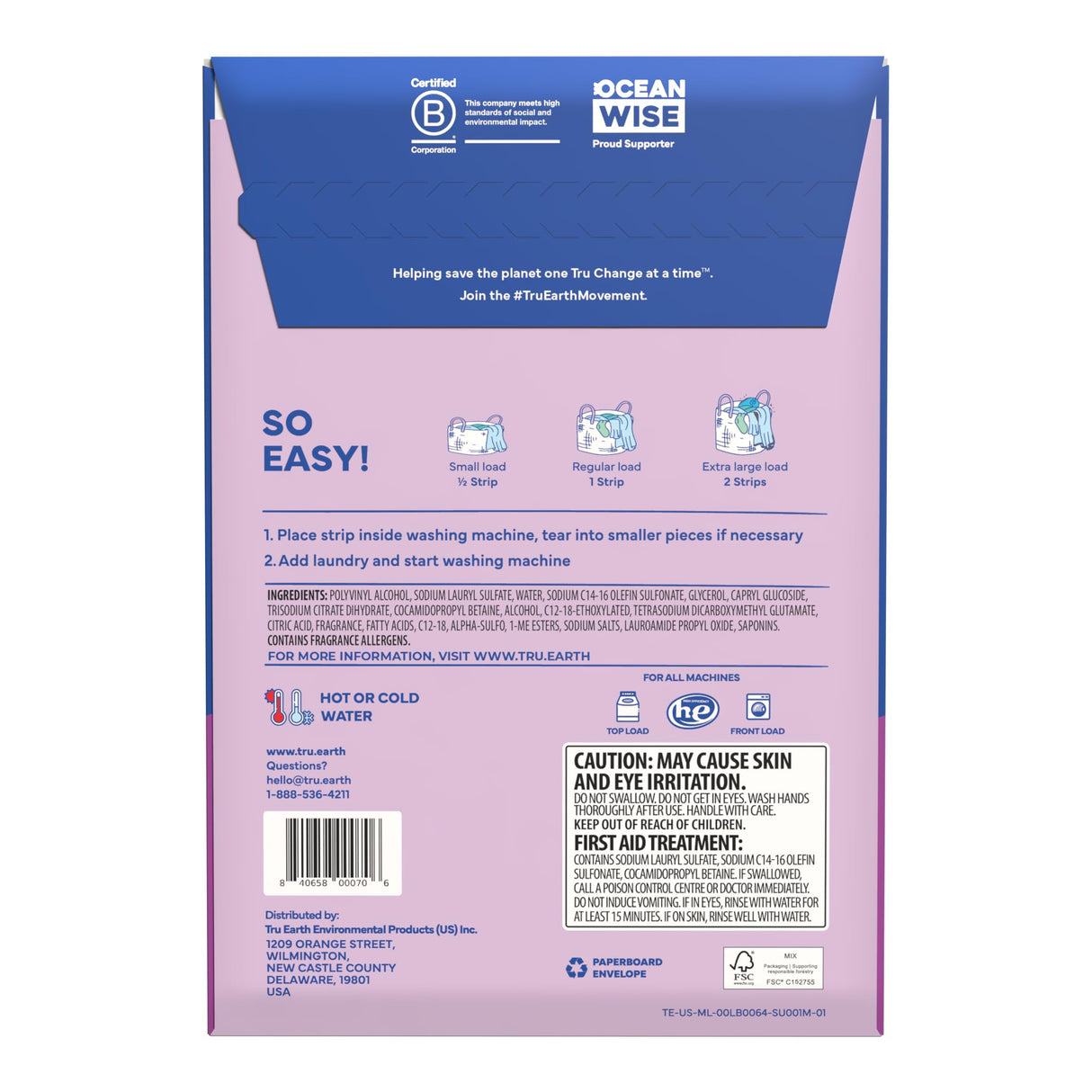 Tru Earth Compact Dry Laundry Detergent - Up to 128 Loads (64 Sheets) - Paraben-Free - Original Eco-Strip Liquidless Detergent, Travel - Lilac Breeze | Packaging May Vary