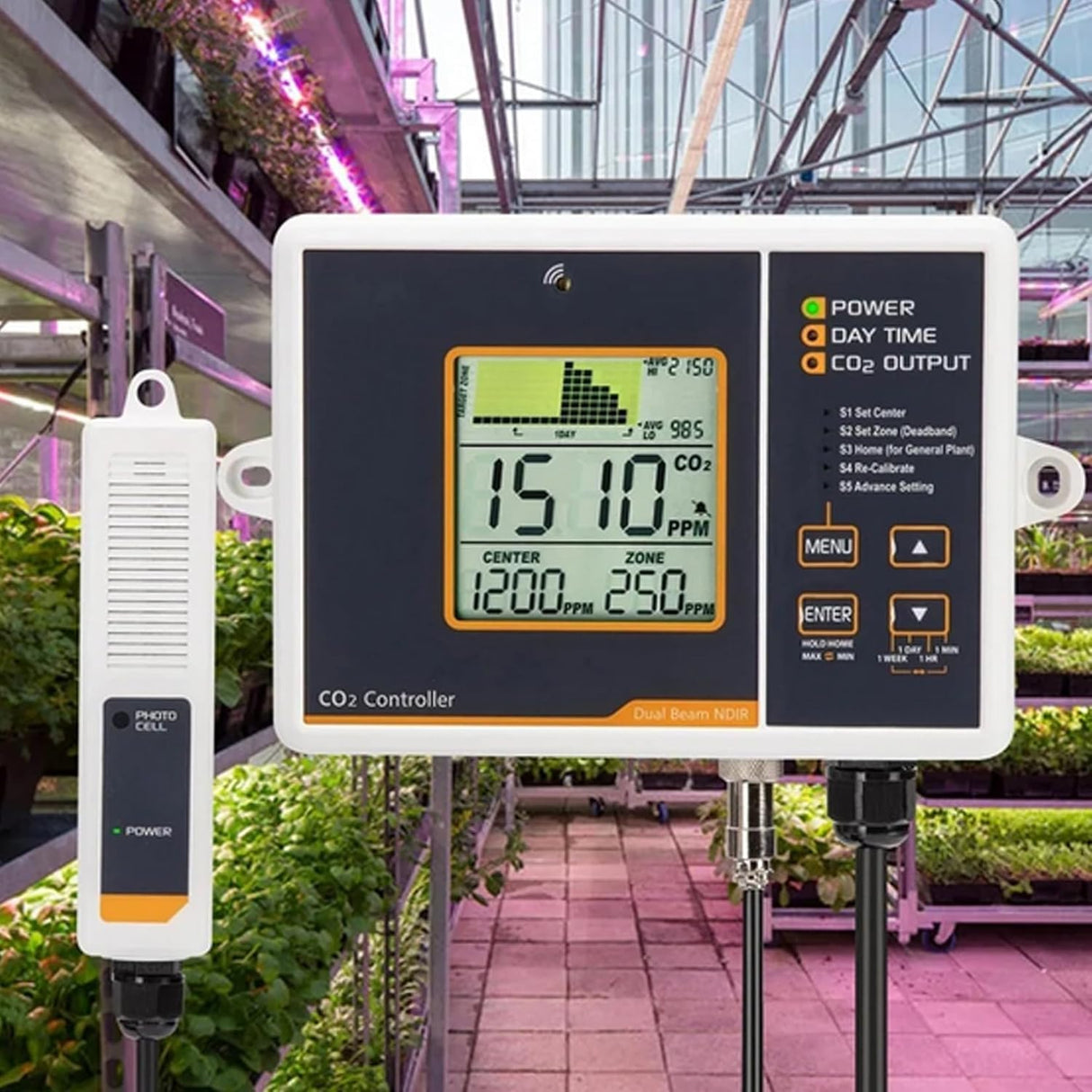 CO2 Carbon Dioxide Dual Beam NDIR Multi Gas Monitor Controller 0-5000PPM with 4.6 Meters Cable Day/Night Sensor for Greenhouses