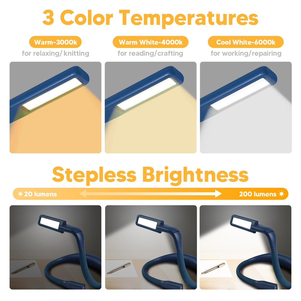 EastPin Neck Book Light, 3 Color Stepless Dimming Reading Light for Bed