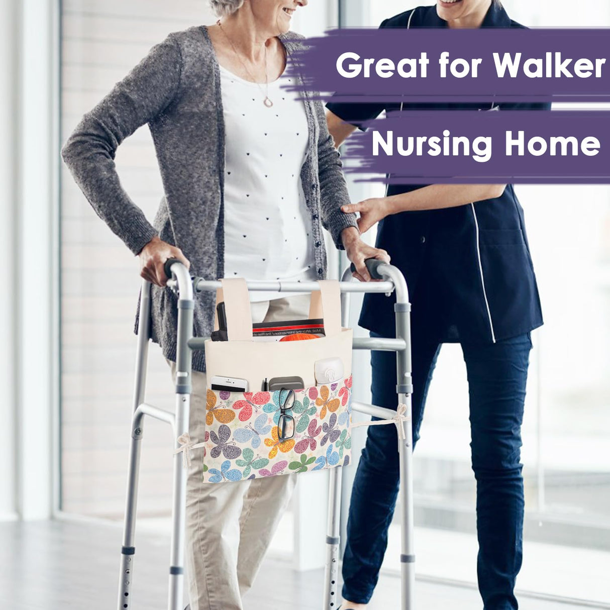 TOGETRUE Walker Bag, Handy Walker Basket with Water Cup Holder, Walker Accessories Storage Bag for Folding Walker, Wheelchairs, Strollers, 15"x11.5" (Butterfly)