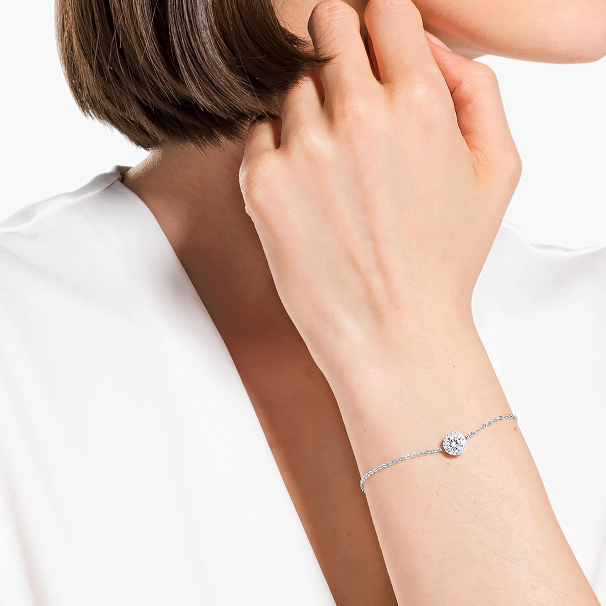 Swarovski Una Angelic Bracelet with Clear Crystals on a Rhodium Plated Chain with a Bolo Style Adjustable Closure