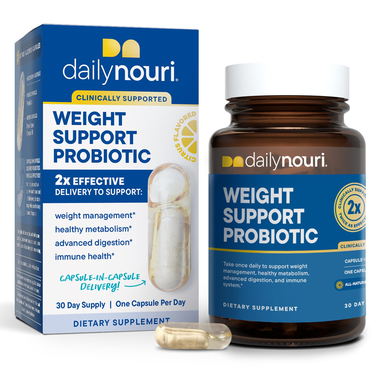 Daily Nouri Weight Support Probiotic for Women & Men | Supports Healthy Weight Management, Metabolism, Digestion & Gut Health | 3 Clinically Studied Strains + Vegan Omega Oil | 30-Day Supply