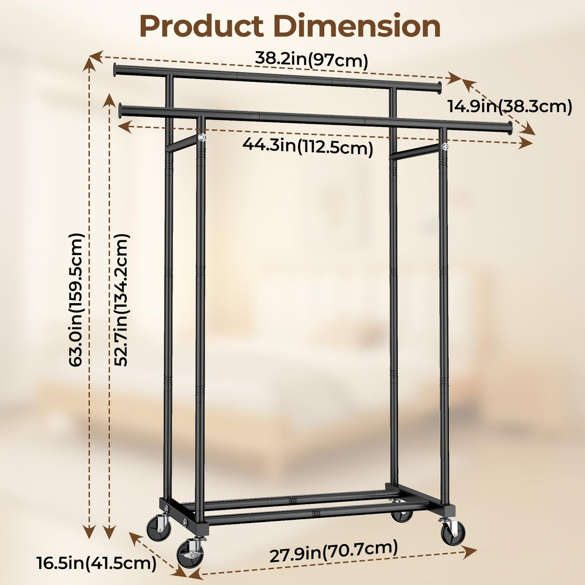 HYSEYY Double Rods Clothes Rack, Rolling Clothing Rack for Hanging Clothes Portable Wardrobe, Metal Garment Rack Sturdy Coat Rack for Bedroom Laundry Living Room, Black