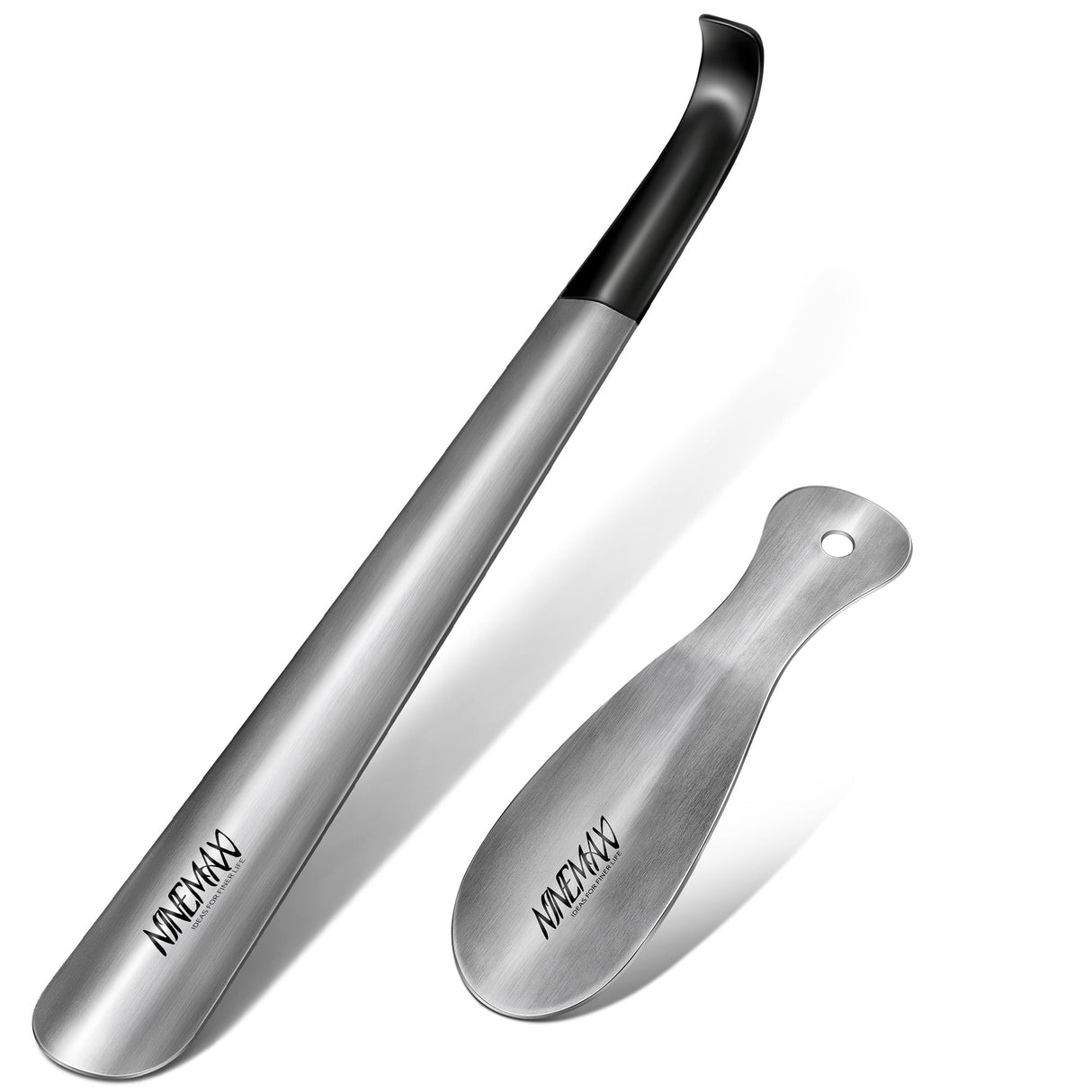 NINEMAX Shoe Horn Long Handle for Seniors Men Women, Metal Long Shoehorn Boot Horn 16.5'', Travel Small Stainless Steel Shoe Spoon Helper for Kids 7.5''