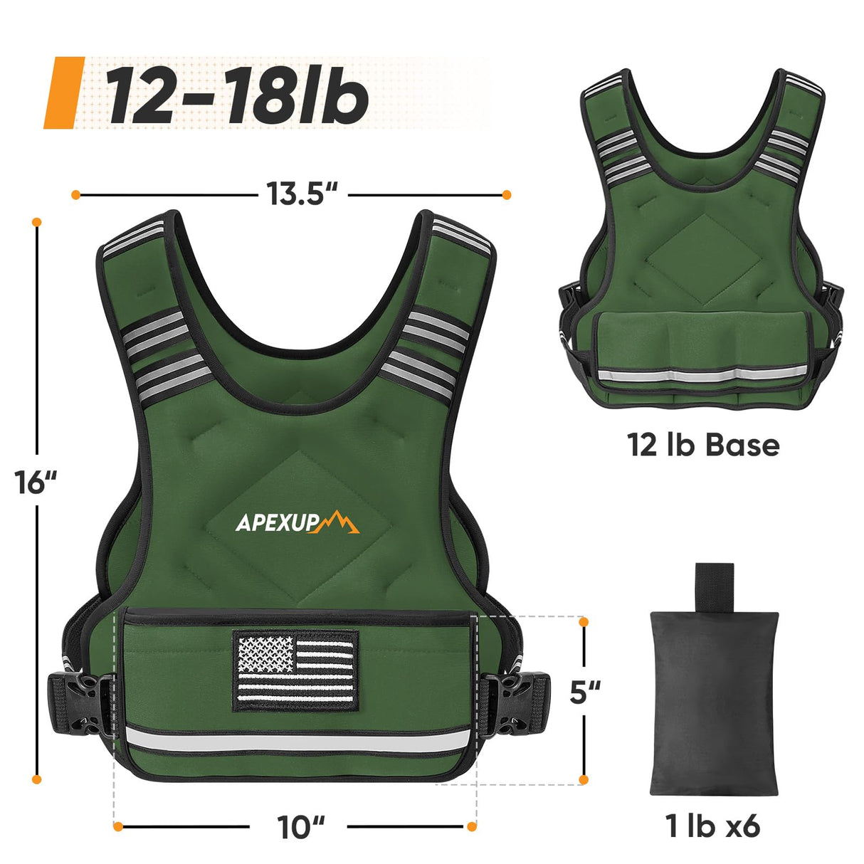 APEXUP Adjustable Weighted Vest, 4-10lb/12-18lb/20-32lb Vest with 6 Ironsand Weights and Large Pocket, Weight Vest for Men Women Strength Training, Running, Walking (12-18lb, Green)