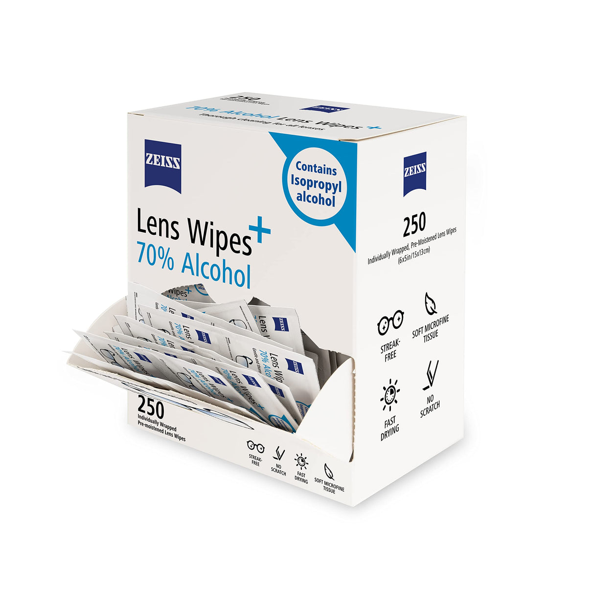 ZEISS Pre-Moistened Lens Cleaning Wipes with 70% Alcohol, 250 Count