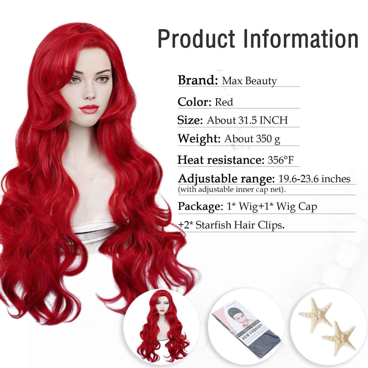 Red Curly Wig , Max Beauty Red Mermaid Cosplay Wigs for Woman with Starfish Hair Clips, Adult Long Hair Daily Wig Heat Resistant Synthetic Fiber for Halloween for Cosplay for Christmas (Red 1)
