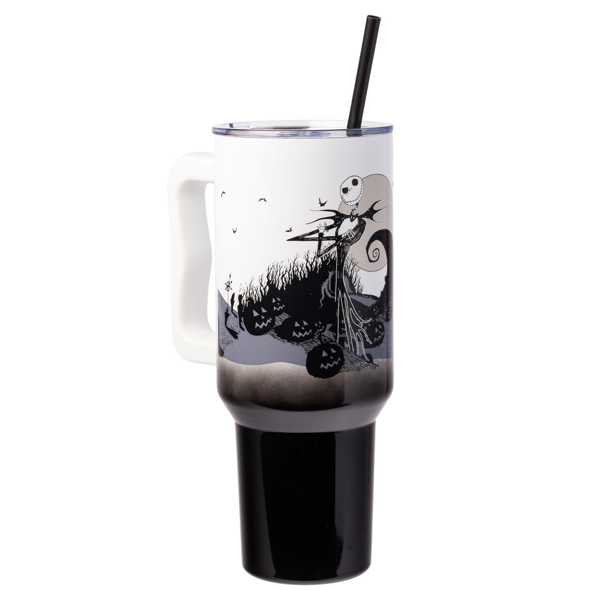 Silver Buffalo Disney Nightmare Before Christmas by Tim Burton Jack Skellington Hill and Moon Stainless Steel Tumbler with Handle and Straw, Fits in Standard Cup Holder, 40 Ounces