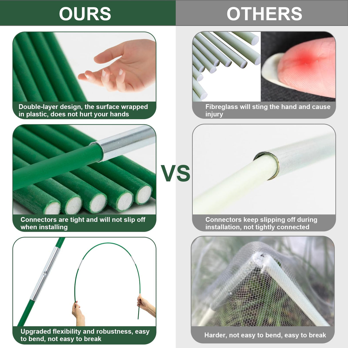 Aierden 36Pcs Garden Hoops for Raised Beds,6 Sets of 8FT Long Greenhouse Hoops Grow Tunnel, Fiberglass Support Hoops Frame for Fabric Netting,DIY Plant Support Garden Stakes for Row Cover