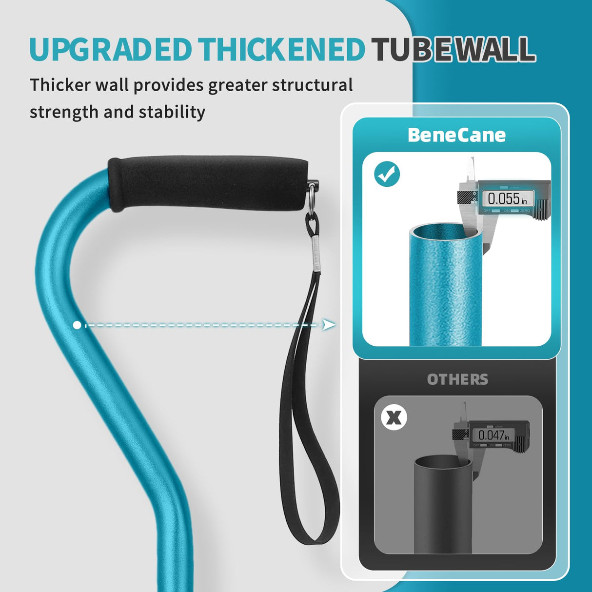 BeneCane Quad Cane Adjustable Walking Cane with Offset Soft Cushioned Handle for Men & Women Lightweight Comfortable with 4-Pronged feet for Extra Stability(Blue)