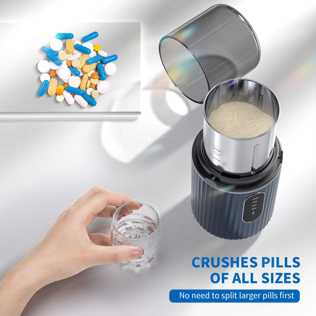 Cordless Electric Pill Crusher Grinder Pulverizer - Grind and Pulverize Multiple Pills, Small and Large Medication and Vitamin Tablets to Fine Powder - Removable Grinding Cup for Easy Cleaning