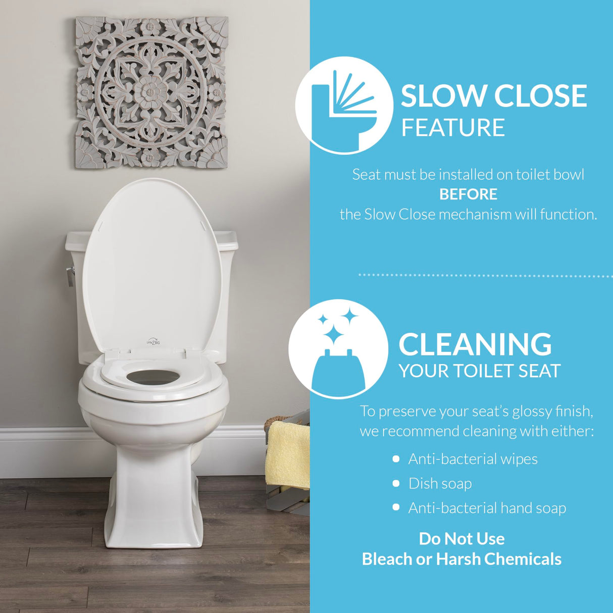 Little2Big Toilet Seat with Built-In Toddler Potty Training Seat, Slow Close, Easy to Install, Made in USA, ELONGATED, White