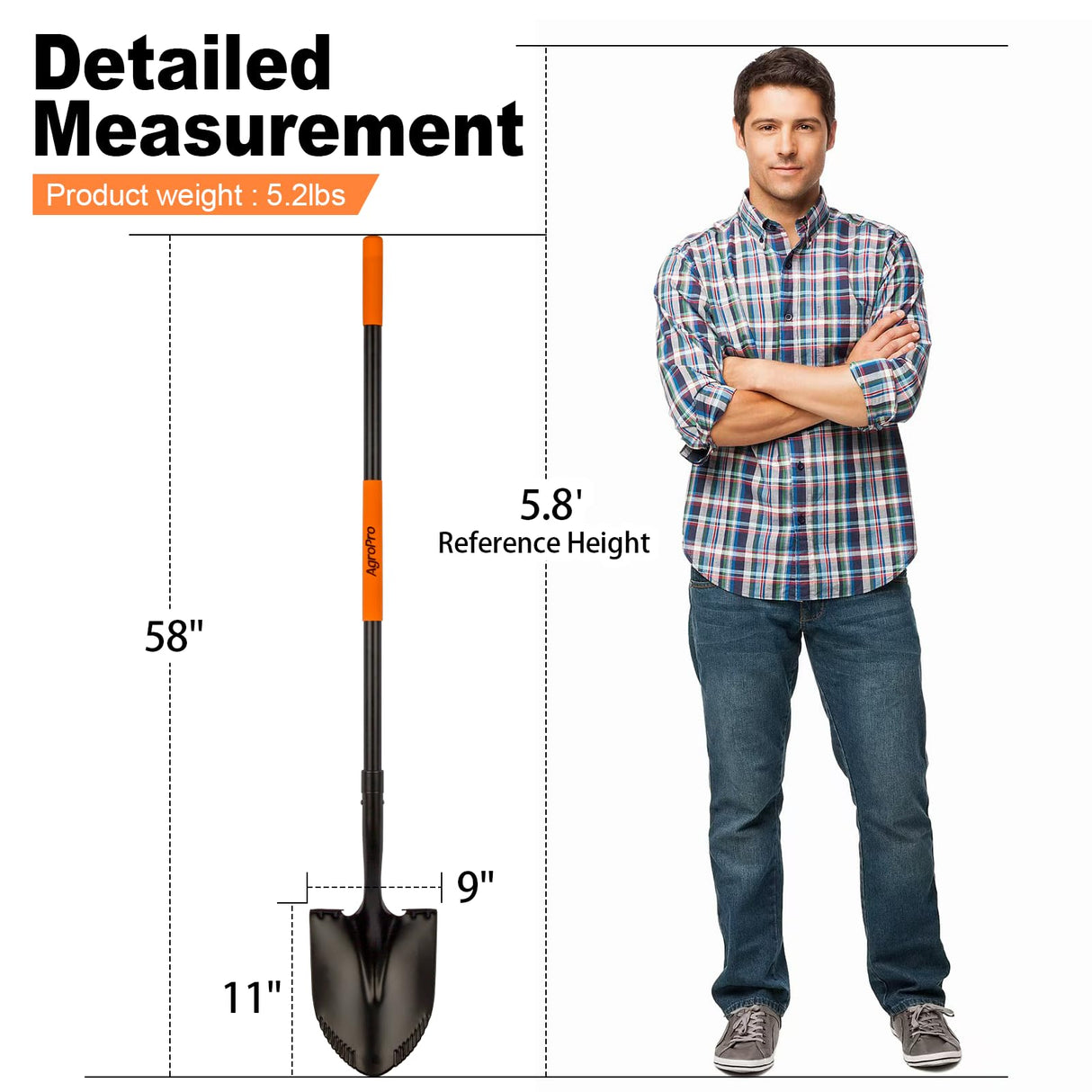 AgroPro Heavy Duty Shovel, 58 Inches, Black, High Carbon Steel, Fiberglass Handle, Modern Style