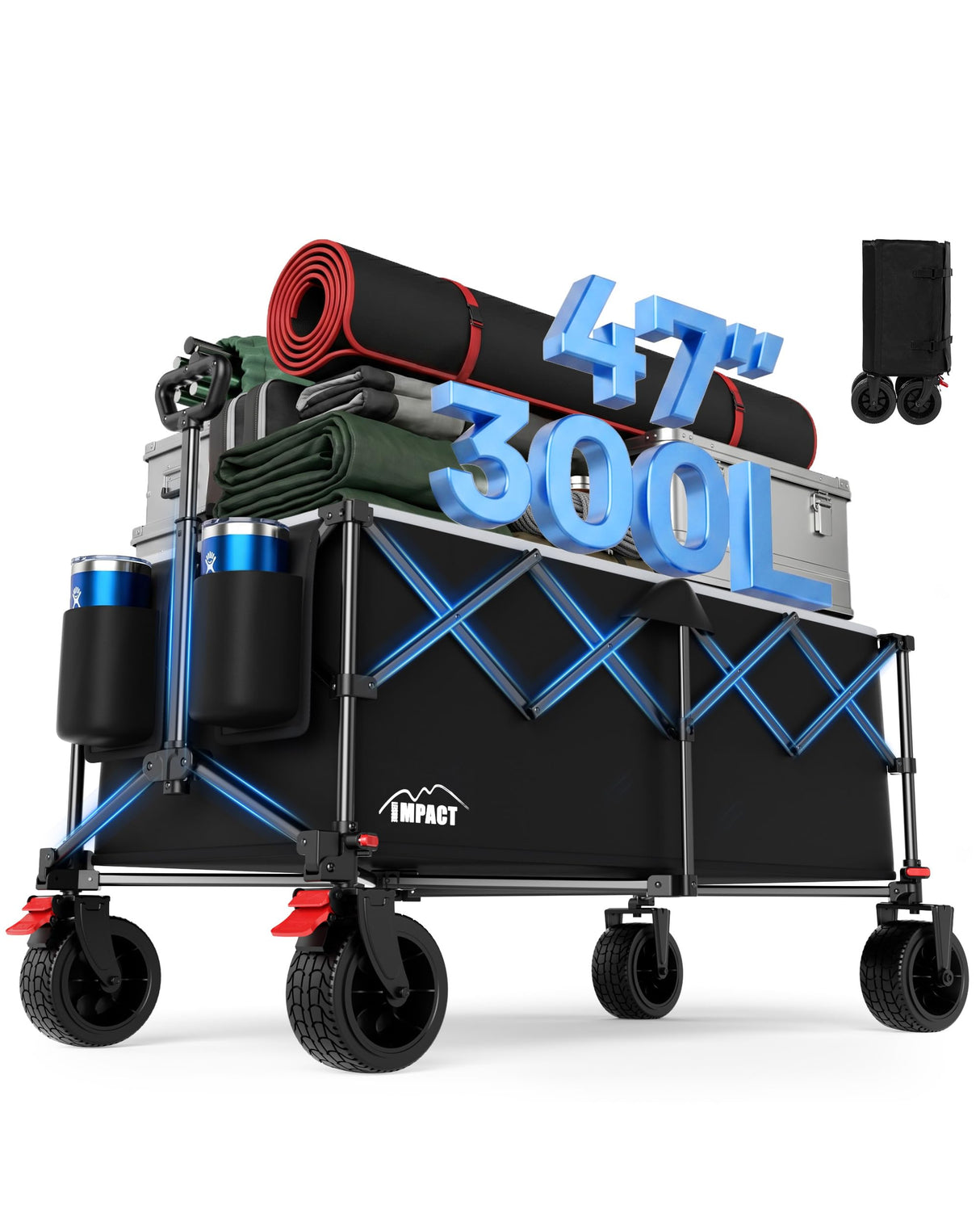 47" Collapsible Wagon Cart Foldable 300L Capacity Compact Folded Size