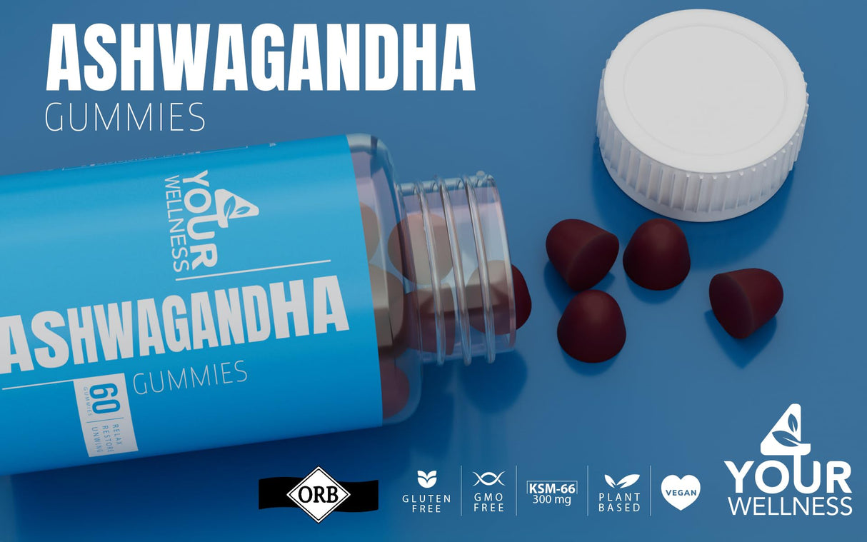 4 Your Wellness Ashwagandha Gummies Mixed Berry KSM-66, Lion's Mane, Vitamin-D, Non-GMO, Gluten-Free, Gelatin Free & Kosher (60 Count (Pack of 1))