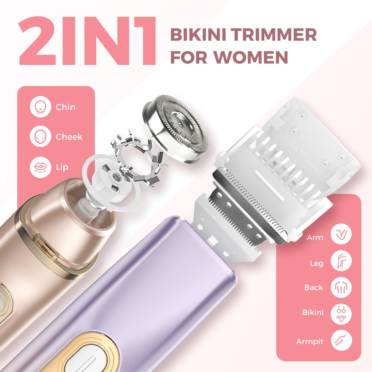 PVBKZ 2 in 1 Bikini Trimmer for Women, Dual Head Electric Razor, IPX7 Waterproof Wet/Dry Use Women Electric Shaver, Painless Body Facial Hair Remover for Bikini Legs Arm Underarm, Rechargeable