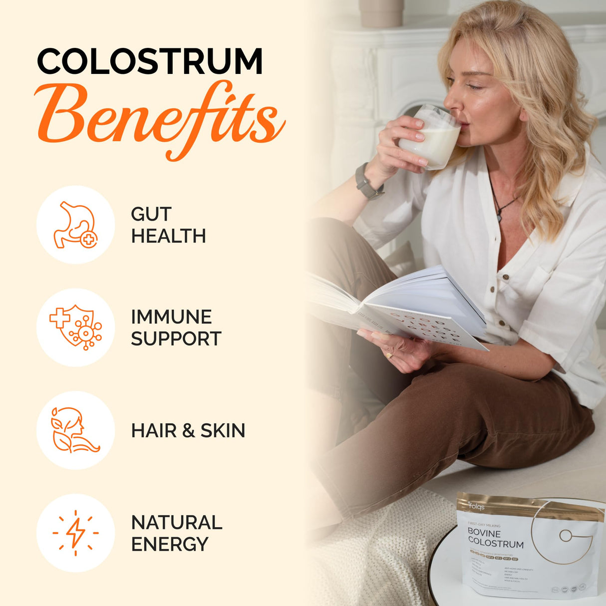 Folqs Bovine Colostrum Powder – First-Day Milking for Immune & Gut Support – 60 Servings – Supports Skin & Tissue Health – Made in USA - Amino Acids, Vitamins, Minerals – Kosher - Sustainably Sourced