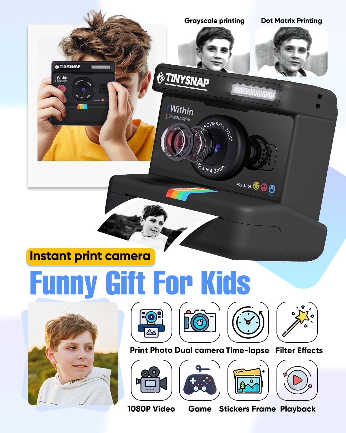 Eveedo Instant Print Camera for Kids,Dual Len Kids Cameras with 2.4 Inch Screen, Christmas Birthday Gifts for Girls Age 3-12, Portable Toddler Toy for 3 4 5 6 7 8 9 10 Year Old Girls Boys (Black)