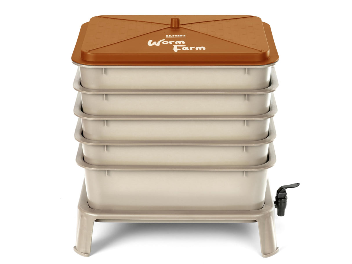 Blütezeit 5-Tray Worm Compost Bin, 53QT Outdoor & Indoor Worm Composter with Worm Farm Starter Kits for Home & Kitchen Recycling Food Waste (Gold)