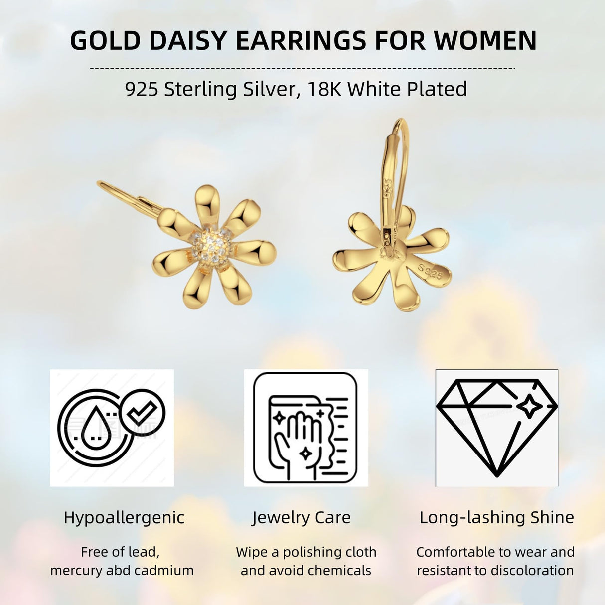 YZSFMZGE Daisy Earrings 925 Sterling Silver Leverback Drop Dangle Earrings for Women 18K White Gold Plated Hypoallergenic Cubic Zircon Daisy Flower Earrings Jewelry Gifts for Sensitive Ears (Yellow Gold)