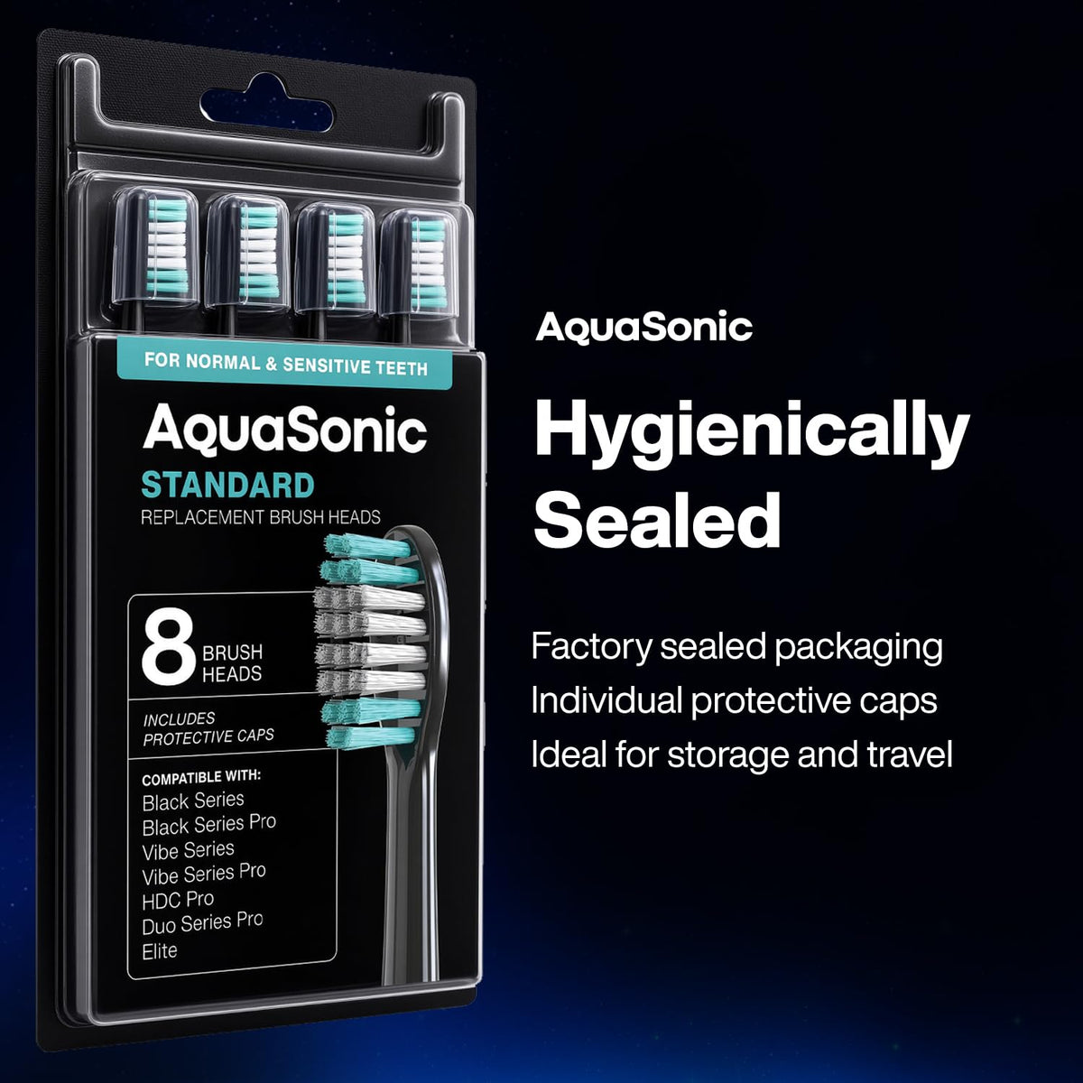 AquaSonic Genuine Standard Replacement Brush Heads, Black, 8 Pack