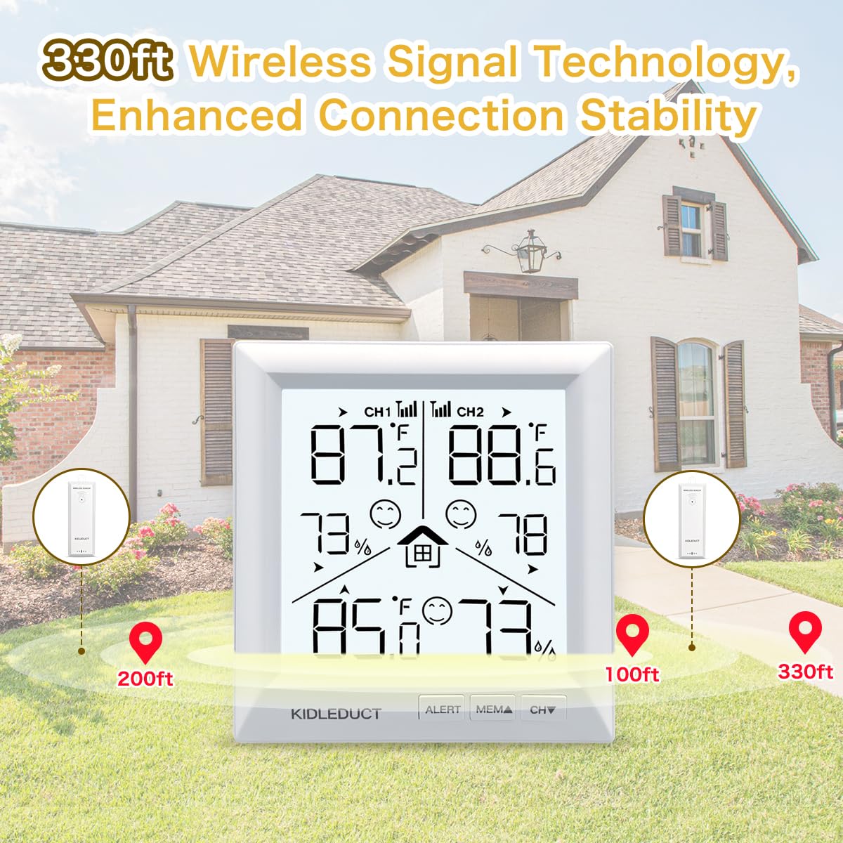 KIDLEDUCT Indoor Outdoor Thermometer Wireless Battery Powered, High Precision Inside Outside Humidity Temperature with Alert, Backlight Weather Thermometers with 2 Sensors, 330ft Wireless, White