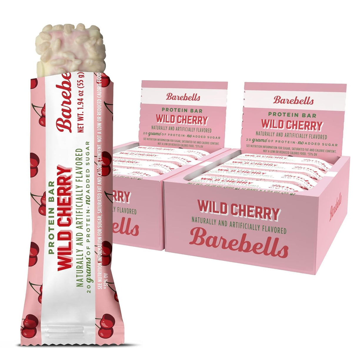 Barebells Protein Bars Wild Cherry - 24 bars (2 Packs of 12) - 1.9oz Bars - Protein Snacks with 20g of High Protein - White Chocolate Protein Bar with 1g of Total Sugars - On The Go Protein Snack & Breakfast Bars