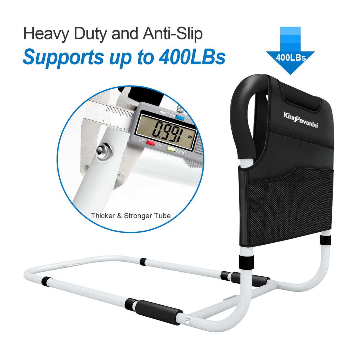 KingPavonini Bed Side Assist Handle Bar Safety Rail for Elderly Adults - Medical Bed Mobility Assistant Bar with Free Storage Bag and Fixing Strap, Support Up to 400lbs