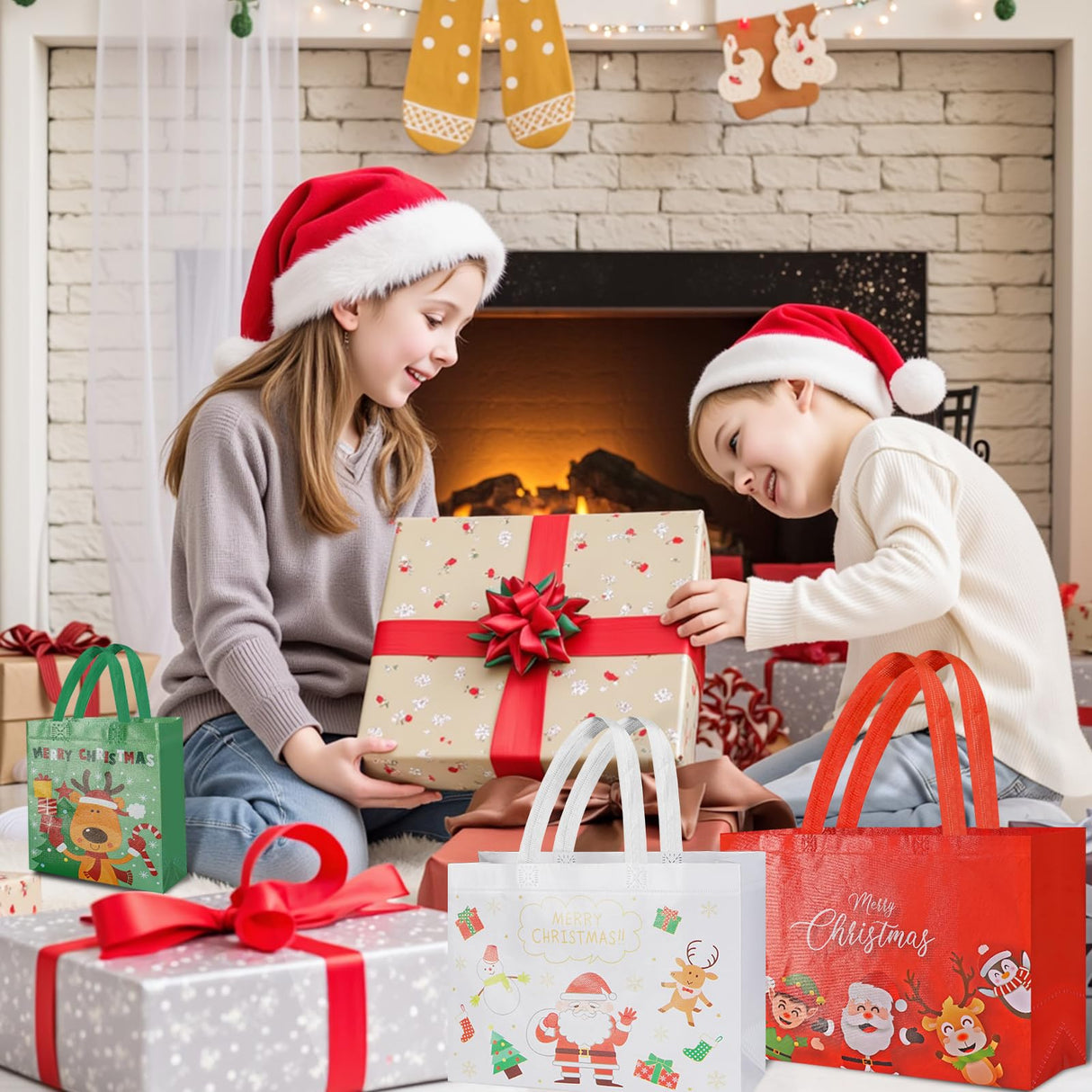 IPQXE 22 Pack Christmas Gift Bags Assorted Sizes- Reusable Tote Bags Non-Woven, Xmas Shopping Bags with Handles, for Christmas Treat Bags, Gifts Wrapping, Xmas Party Supplies 2 Large 8 Medium 12 Small