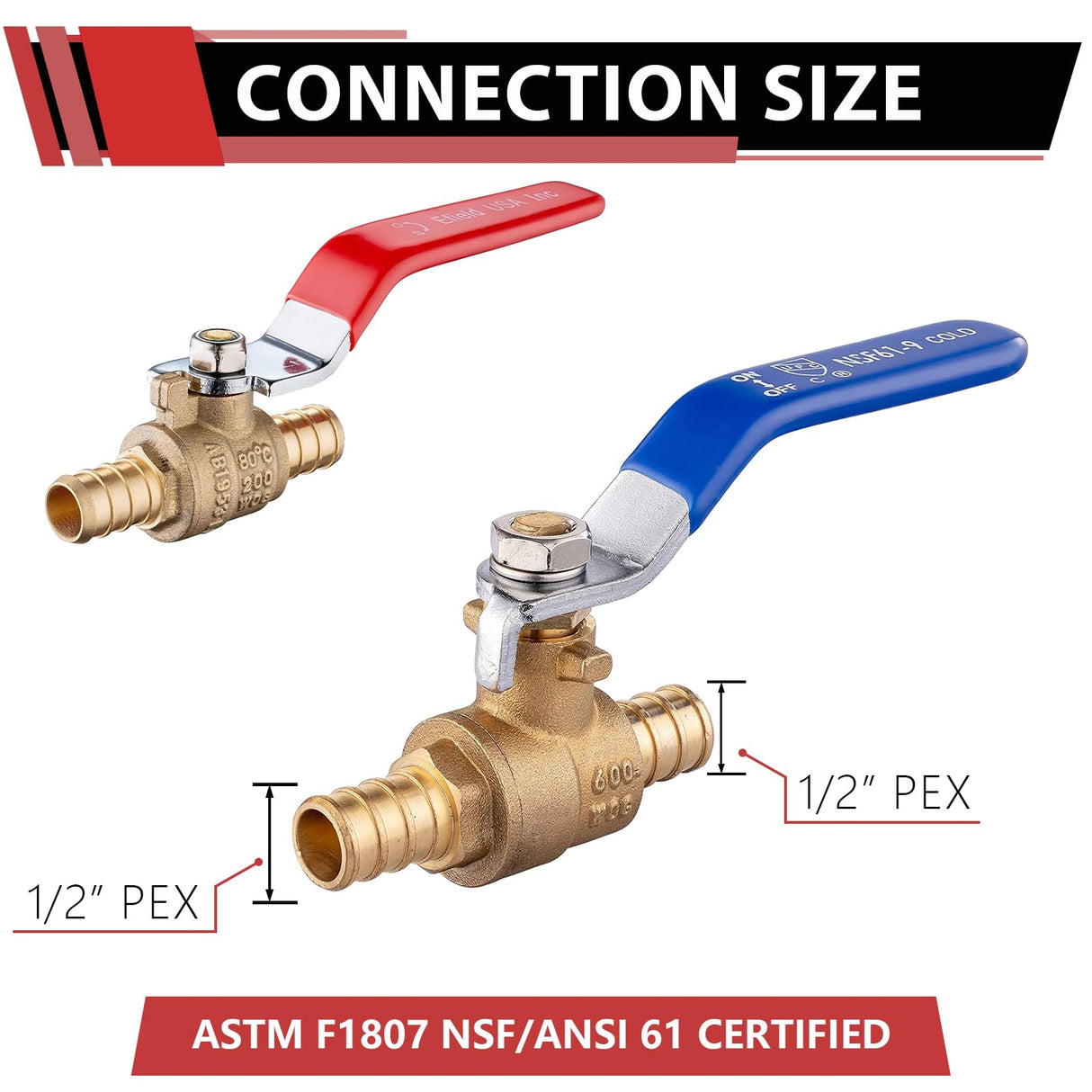 4 Pack EFIELD 1/2 Inch Pex Brass Full Port Shut-off Ball Valve for Hot and Cold Water,Potable Water, Pex Barb Crimp Connection,(VALVE002)