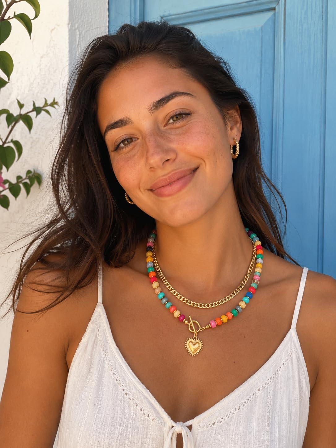 ALFISO Layered Necklaces for Women, Colorful Acrylic Beads & Heart Pendant