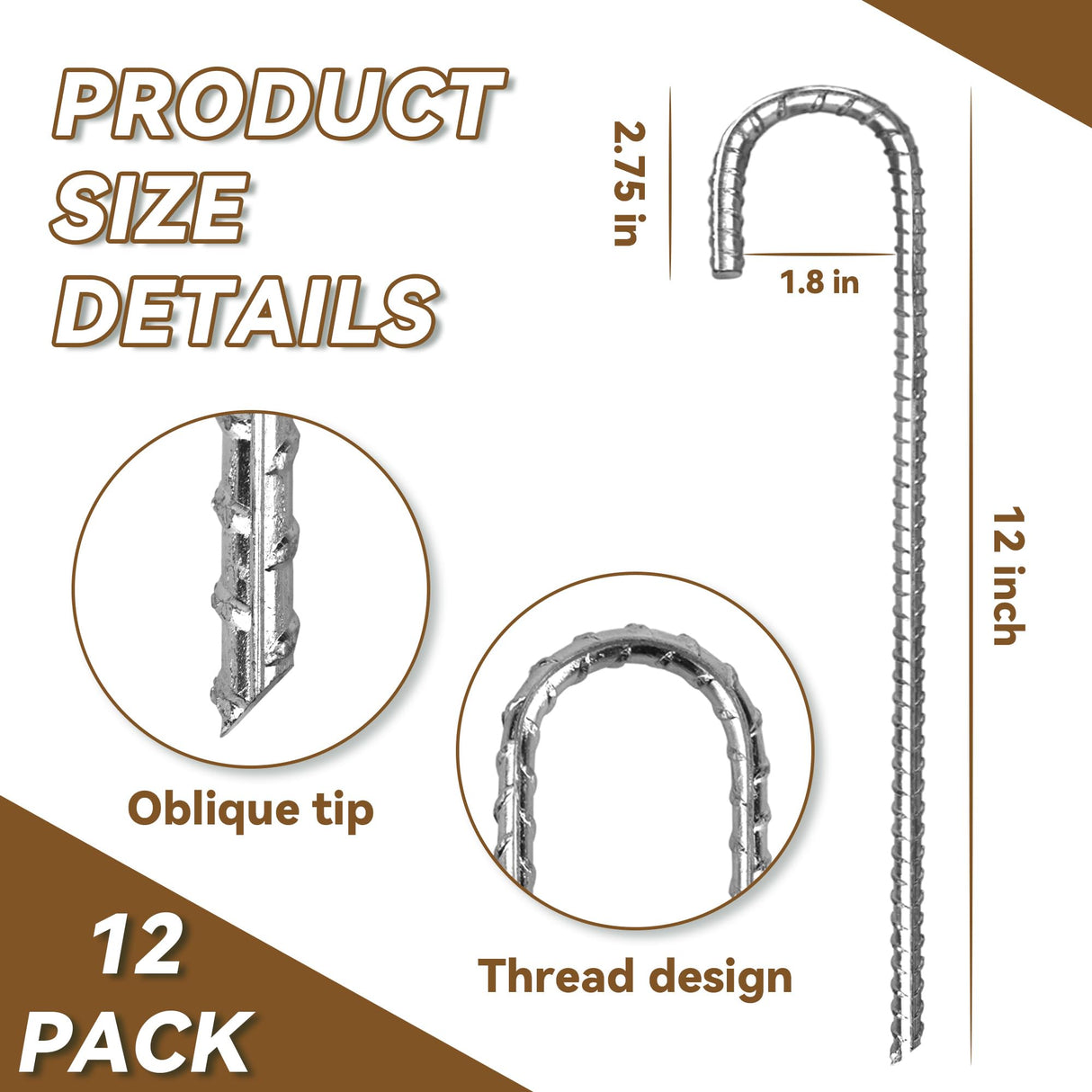 Tingyuan 12 Pack 12 Inch Rebar Stakes Heavy Duty J Hook Ground Anchors, Anti Rust Metal Steel Tent Stakes Garden Fence Stakes, Silver