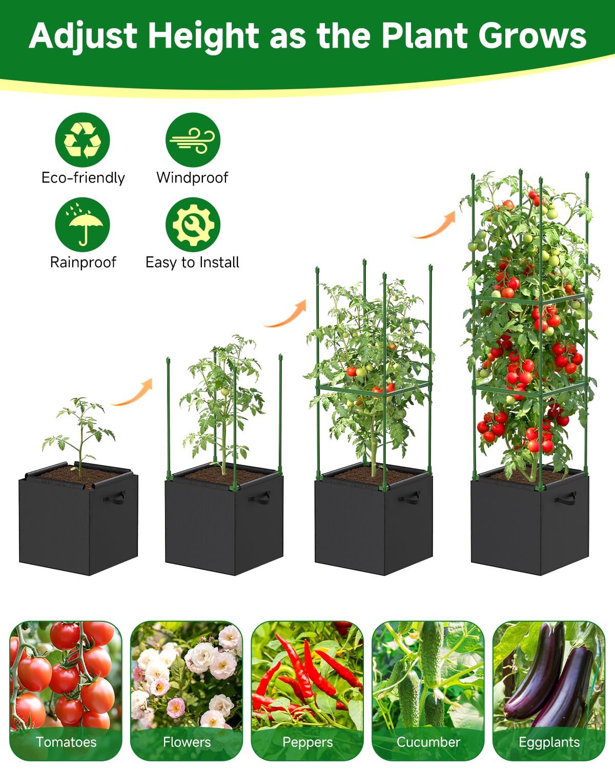 MQJIAZHI 4 Pack Square Tomato Trellis Cages 55 Inch Height, with 17 Gallon Square Grow Bags (12×12in), Heavy Duty Tomato Plant Support Stakes for Outdoor Garden Climbing Vegetables Fruits Flowers
