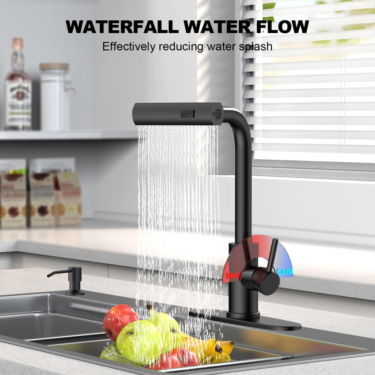 AVSIILE Matte Black Waterfall Kitchen Faucets with Pull Down Sprayer & Soap Dispenser, Single Hole & Handle, Pull Out Tap, Stainless Steel Sink Faucet, Suitable for Farmhouse Camper Laundry Rv Bar