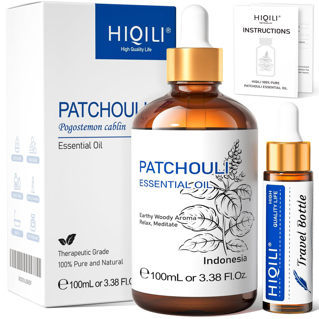 HIQILI Patchouli Essential Oil,100% Pure & Natural for Homemade Perfume, Sooth Skin, Nourish Hair at Home with Diffuser, Gift for Hippie Friend -100ML