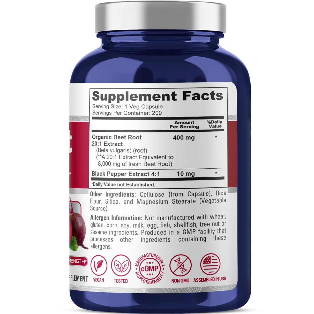 NusaPure Beet Root 8,000mg per Caps (Vegan, Non-GMO, Extract 20:1, Vegan) Black Pepper - 200 Veggie caps