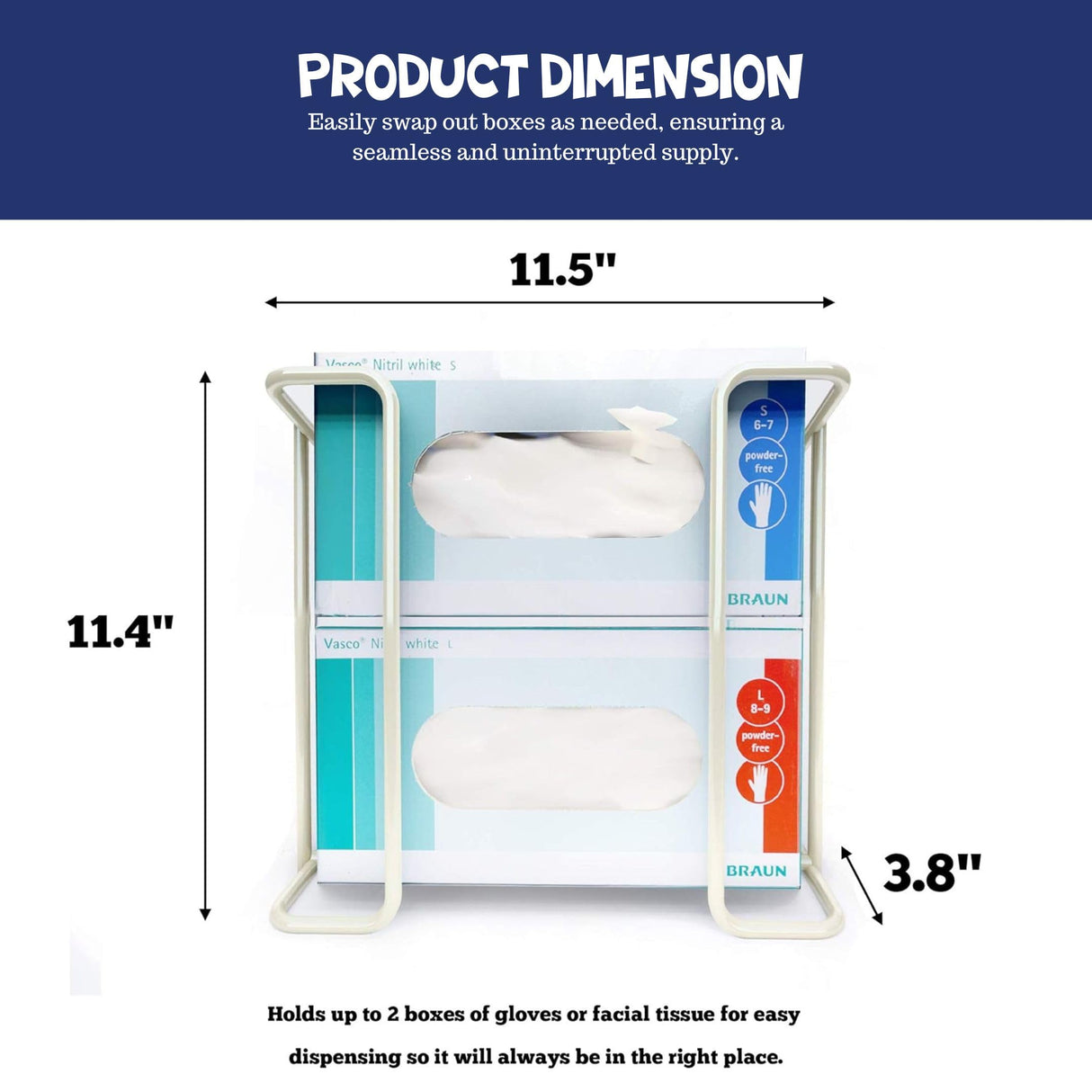 Glove Box Holder Wall Mount Dispenser for 2 Boxes, Powder Coated Metal Rack for Disposable Gloves and Tissue, Organizer for Kitchen, Lab, Garage, Hardware Included, White - Safety Supply Mart