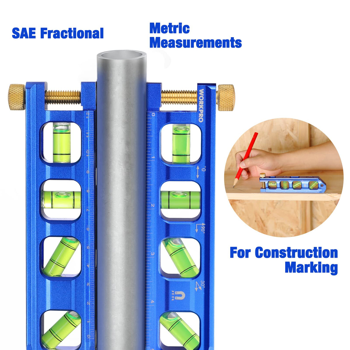 WORKPRO Magnetic Torpedo Level, Conduit Bending Level, Bubble Vials for 0°/90°/30°/45° Measurements, Aluminum Alloy Construction, 6.3-inch, Cobalt Blue